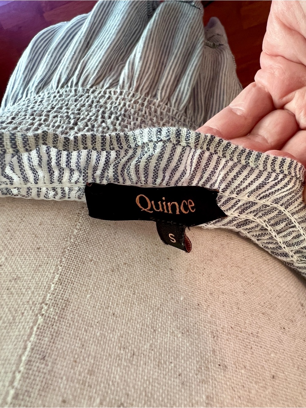 Quince 100% Linen Blue Pinstripe Smocked Midi Dress SMALL - Picture 9 of 15